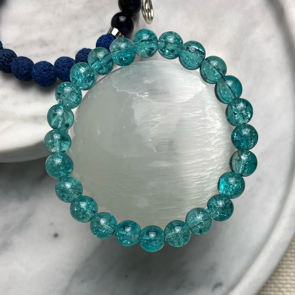 Gemstone Bracelet: Lava Stone + Blue Goldstone + Crackled Glass + Wave Charm - Picture 4 of 9